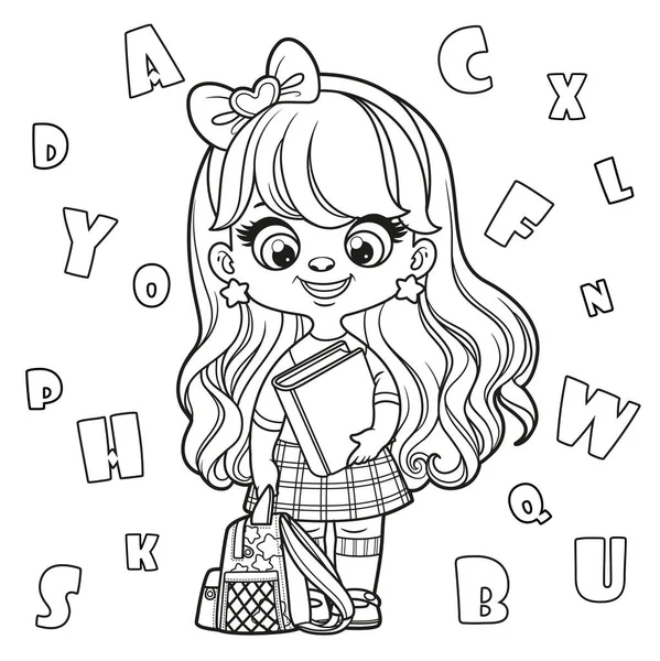 Cute Cartoon Longhaired Girl Holding Textbook Backpack Outlined Coloring Page — Vector de stock