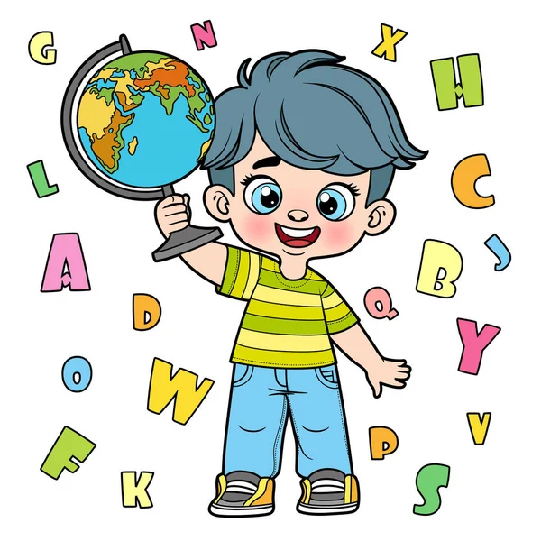 Cute Cartoon Boy Holding Globe Color Variation Coloring Page White — Stok Vektör