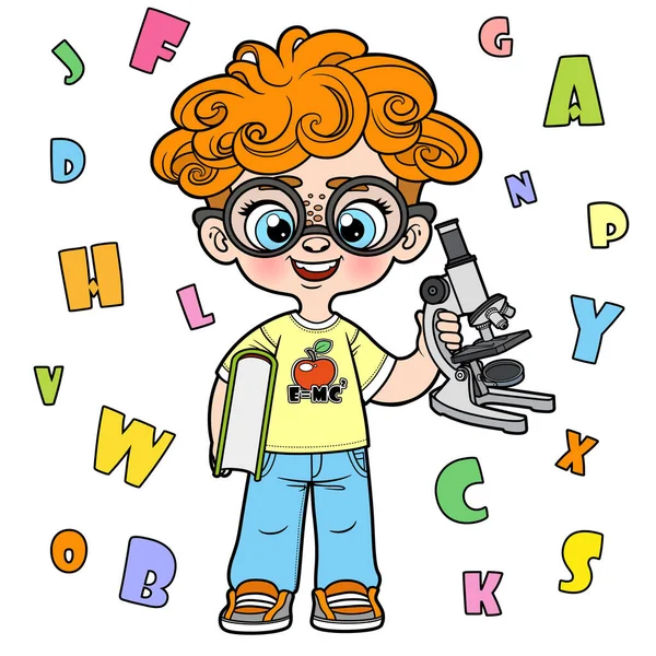 Cute Cartoon Curly Hair Boy Holding Textbook Microscope Color Variation — Vetor de Stock