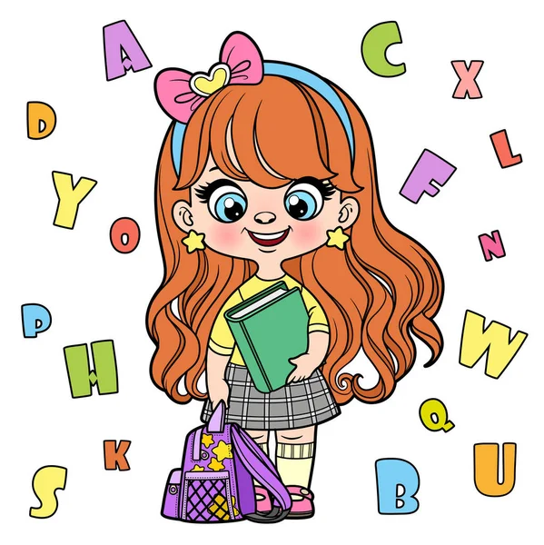 Cute Cartoon Longhaired Girl Holding Textbook Backpack Color Variation Coloring — Vector de stock