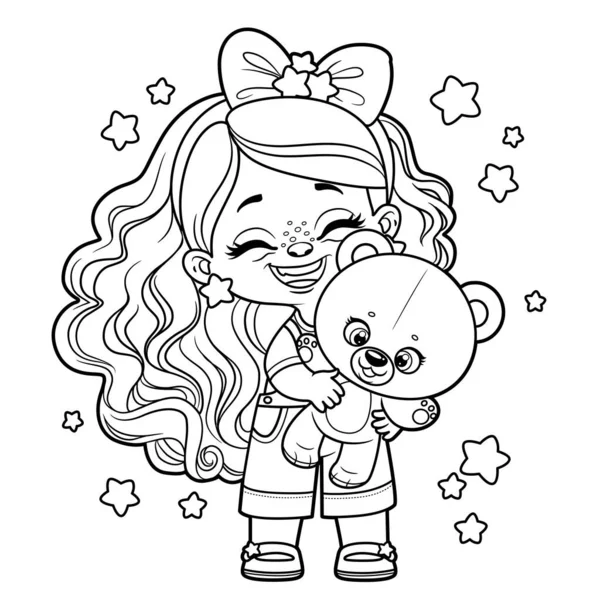 Cute Cartoon Long Haired Happy Girl Big Teddy Bear Hands — Vetor de Stock