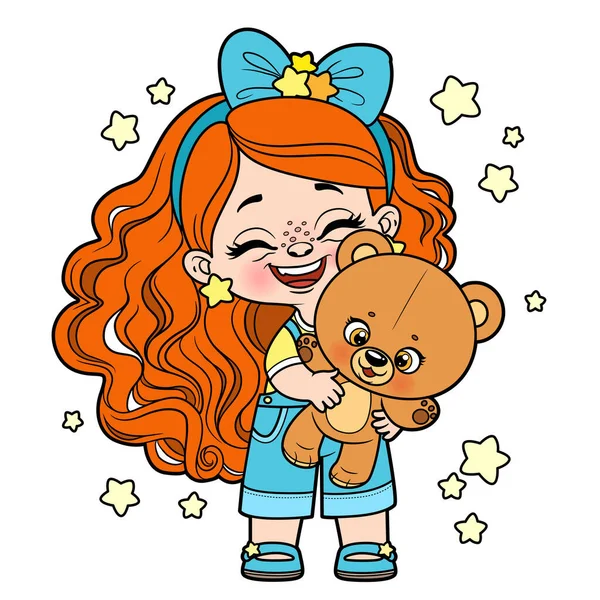Cute Cartoon Long Haired Happy Girl Big Teddy Bear Hands — Wektor stockowy