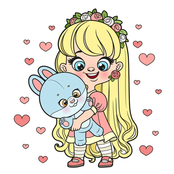 Cute Cartoon Long Haired Girl Big Toy Bunny Hands Color — Vetor de Stock