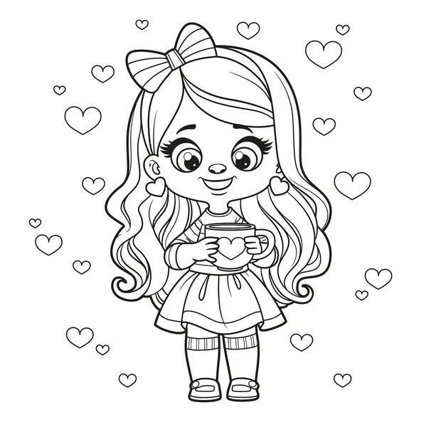 Cute Cartoon Long Haired Girl Big Cup Hands Outlined Coloring — Archivo Imágenes Vectoriales