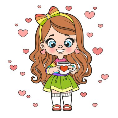 Cute cartoon long haired girl with big cup in hands outlined for coloring page on a white background