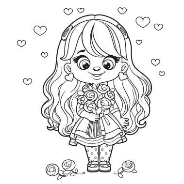 Cute cartoon long haired  girl with big bouquet of roses in hands outlined for coloring page on a white background