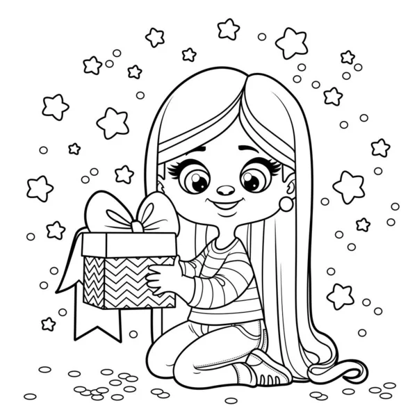 Cute Cartoon Long Haired Girl Gift Hands Sit White Background — Vettoriale Stock