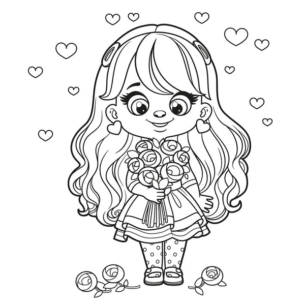 Cute Cartoon Long Haired Girl Big Bouquet Roses Hands Outlined — Vetor de Stock