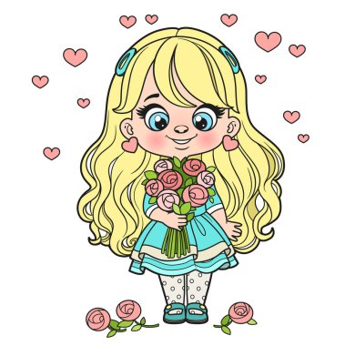 Cute cartoon long haired girl with gift in hands sit on a white background outlined for coloring