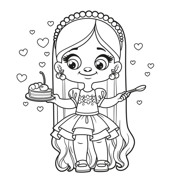 Cute Cartoon Longhaired Girl Piece Cake Platter Spoon Preparing Enjoy — Stockový vektor