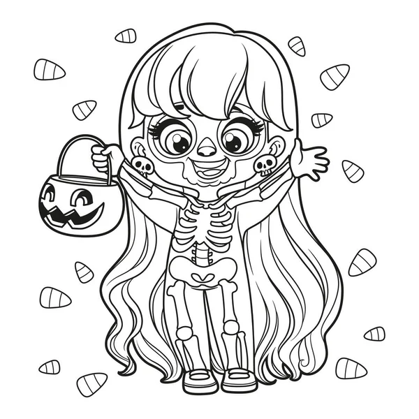 Cute Cartoon Long Haired Girl Halloween Skeleton Costume Pumpkin Sweets — Vetor de Stock