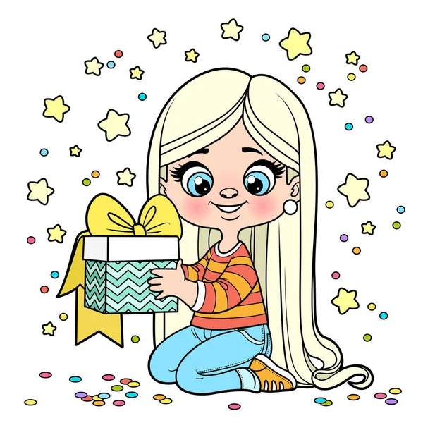 Cute Cartoon Long Haired Girl Gift Hands Sit White Background — Stock vektor