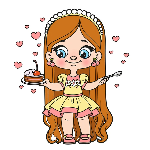 Cute Cartoon Longhaired Girl Piece Cake Platter Spoon Preparing Enjoy — Vettoriale Stock