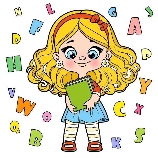 Cute Cartoon Longhaired Girl Holding Textbook Color Variation Coloring Page — Vetor de Stock