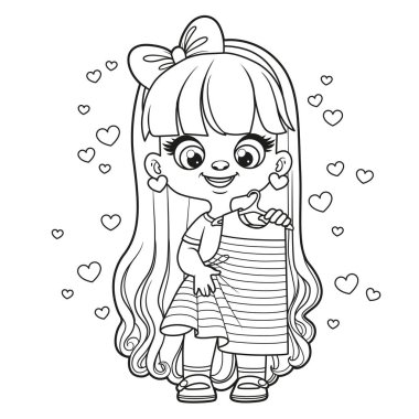 Cute cartoon long haired girl trying on a new dress outlined for coloring page on white background