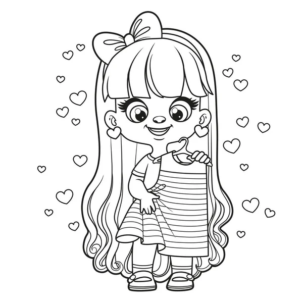 Cute cartoon long haired girl trying on a new dress outlined for coloring page on white background