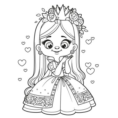 Cute cartoon longhaired girl in a princess dress outlined for coloring page on white background.jpg