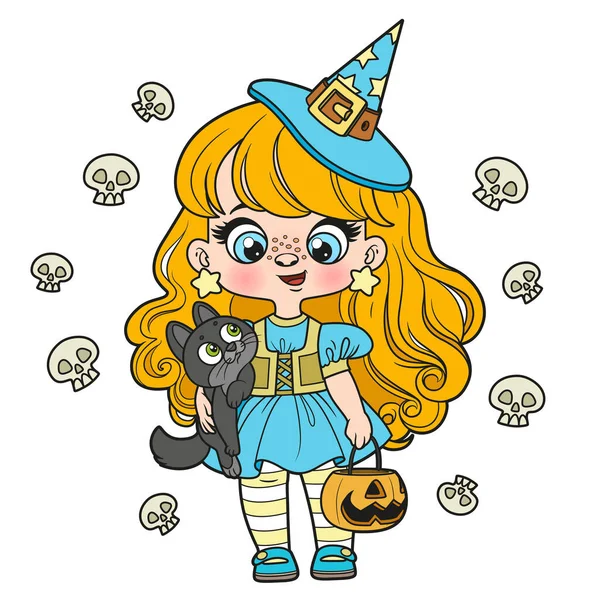 Cute Cartoon Girl Halloween Witch Costume Pumpkin Sweets Cat Color — Archivo Imágenes Vectoriales