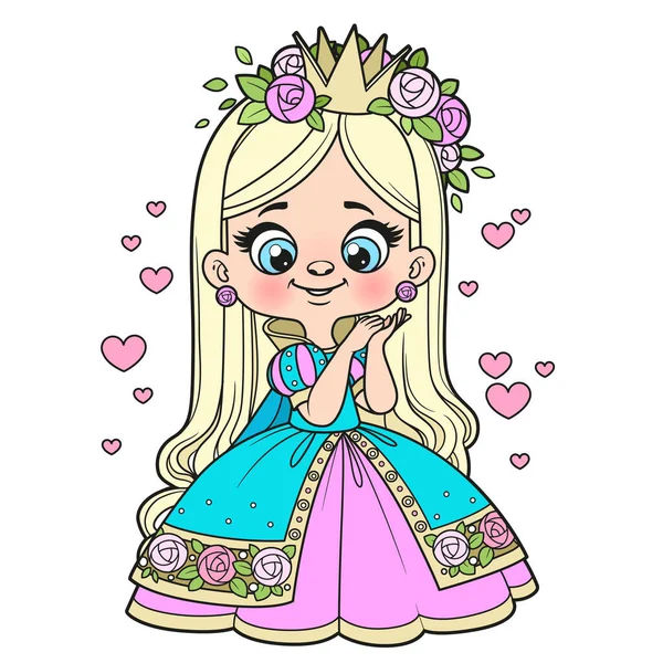 Cute Cartoon Longhaired Girl Princess Dress Outlined Coloring Page White — Vector de stock