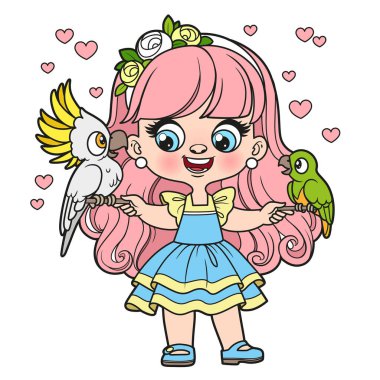 Cute cartoon longhaired girl with parrots color variation for coloring page on a white background