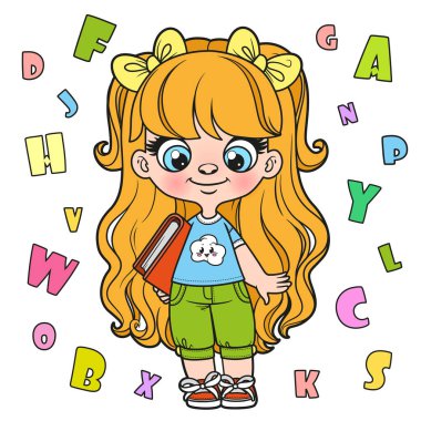 Cute cartoon longhaired girl holding the book color variation for coloring page on a white background