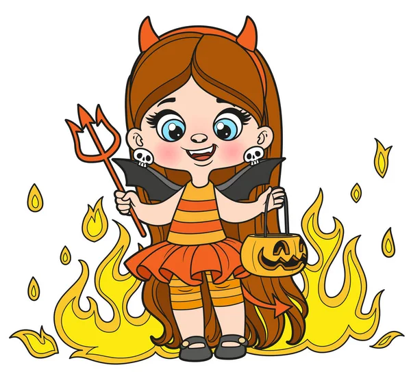 Cute Cartoon Long Haired Girl Halloween Devil Costume Pumpkin Sweets — Stock Vector