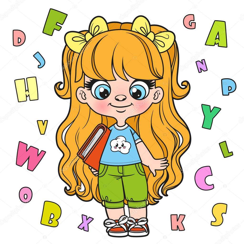 Cute cartoon longhaired girl holding the book color variation for coloring page on a white background