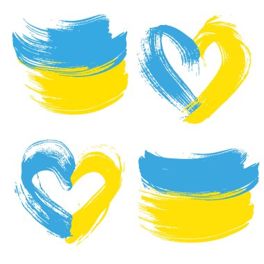 Abstract textured straight and heart shaped strokes in Ukrainian flag colors yellow and blue isolated on a white background