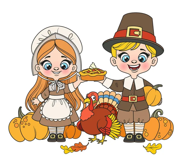 Cute Cartoon Pilgrims Boy Girl Pie Turkey Color Variation Coloring — 스톡 벡터