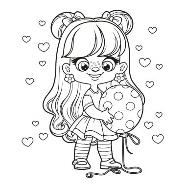 Cute cartoon longhaired girl with a big polka dot balloon in hands outlined for coloring page on white background