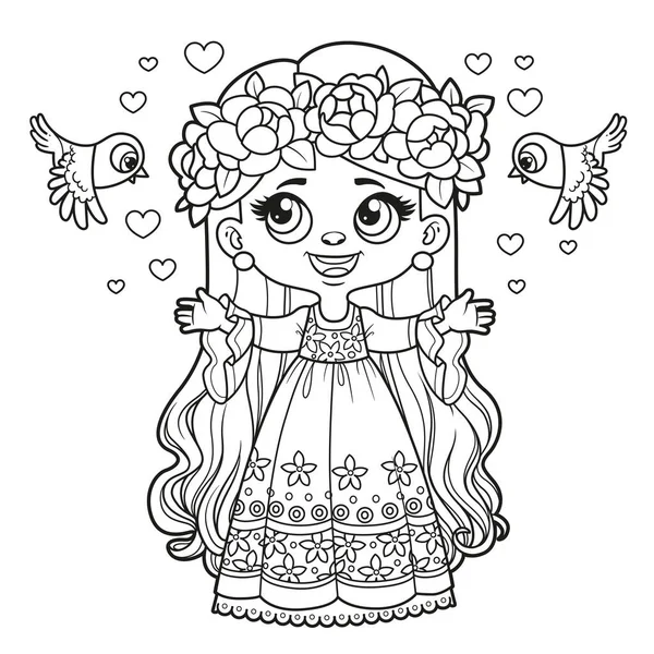 Cute Cartoon Longhaired Girl Princess Birds Dress Outlined Coloring Page — Image vectorielle