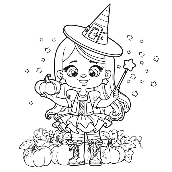 Cute Cartoon Girl Halloween Witch Costume Pumpkins Magic Wand Outlined — Stock Vector