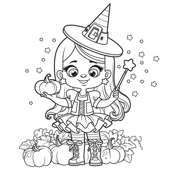 Linda Chica Dibujos Animados Disfraz Bruja Halloween Con Calabazas Varita — Vector de stock