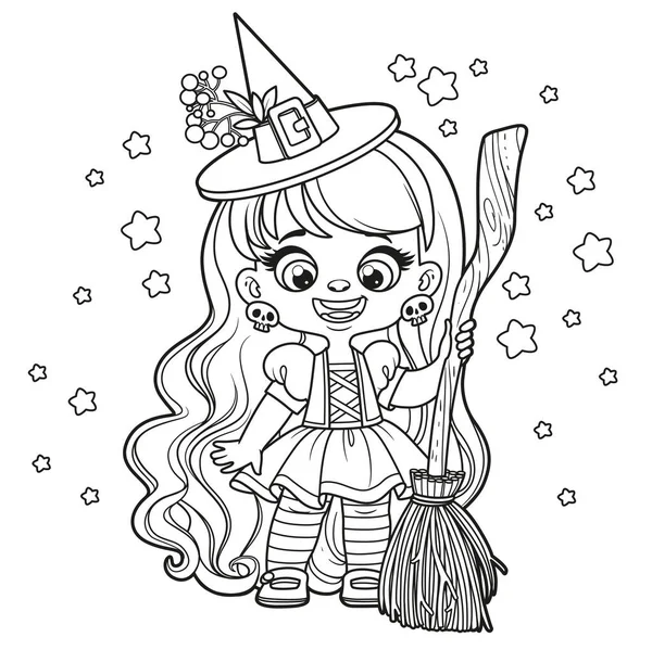 Cute Cartoon Long Haired Girl Halloween Witch Dress Broom Outlined — Stock Vector