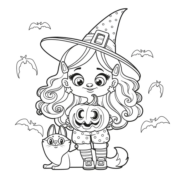 Linda Chica Dibujos Animados Disfraz Bruja Halloween Con Jack Linterna — Vector de stock