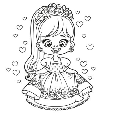 Beyaz arkaplanı boyamak için çizilmiş kabarık etekli, uzun saçlı, tatlı prenses kız.