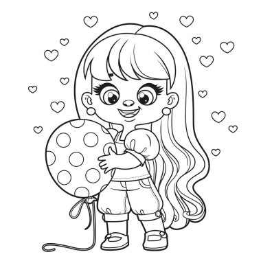 Beyaz arkaplanı boyamak için özetlenmiş büyük bir benekli balonu olan uzun saçlı şirin bir çizgi film kızı.