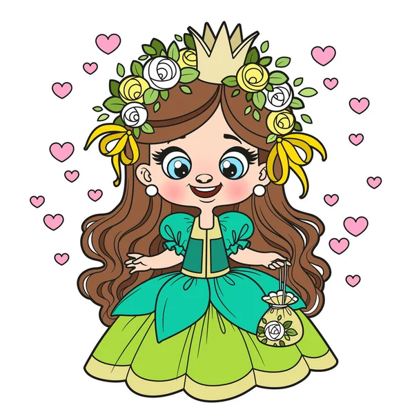 Bonito Desenho Animado Princesa Menina Cabelos Compridos Uma Grinalda Rosas —  Vetores de Stock