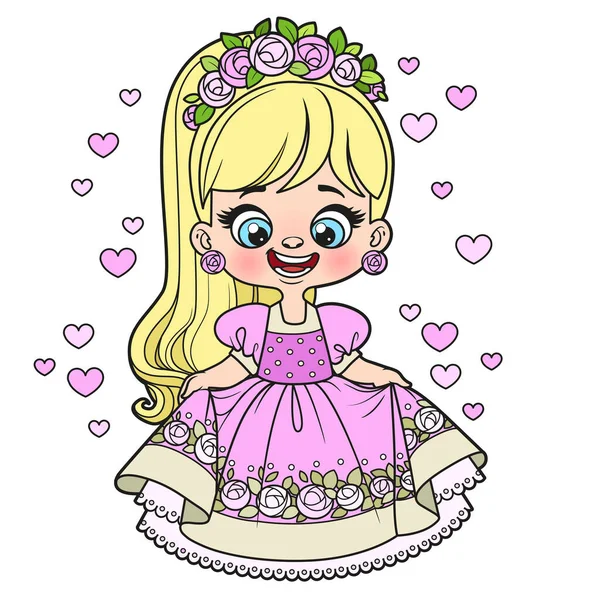 Cute Cartoon Longhaired Girl Princess Dress Bouffant Skirt Color Variation — Stock Vector