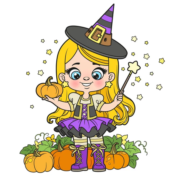 Linda Chica Dibujos Animados Disfraz Bruja Halloween Con Calabazas Varita — Vector de stock