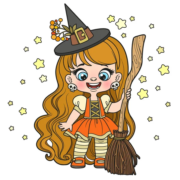 Cute Cartoon Long Haired Girl Halloween Witch Dress Broom Color — Stock Vector