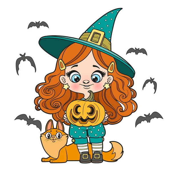 Nettes Cartoon Langhaariges Mädchen Einem Halloween Hexenkostüm Mit Jack Laterne — Stockvektor