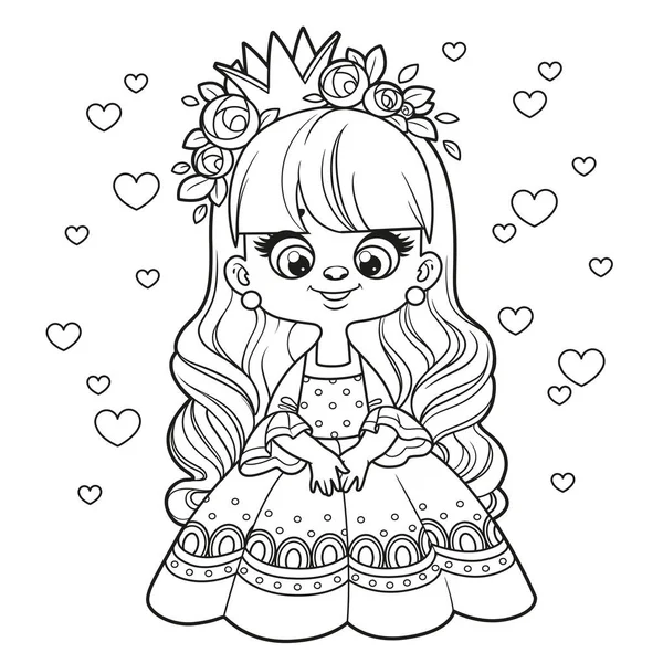 Linda Princesa Pelo Largo Dibujos Animados Vestido Con Falda Bouffant — Vector de stock