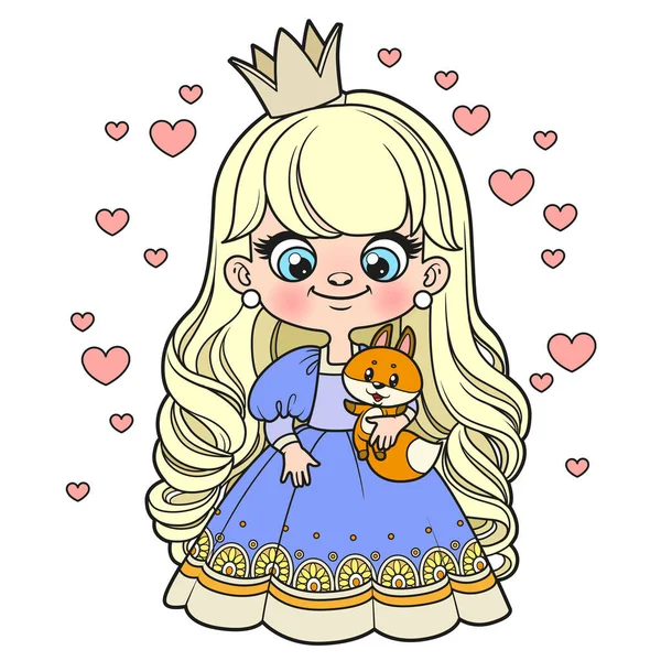 漂亮的卡通片 长发公主 穿着华丽的连衣裙 玩具狐狸色的变化 白色背景的彩色页面 — 图库矢量图片
