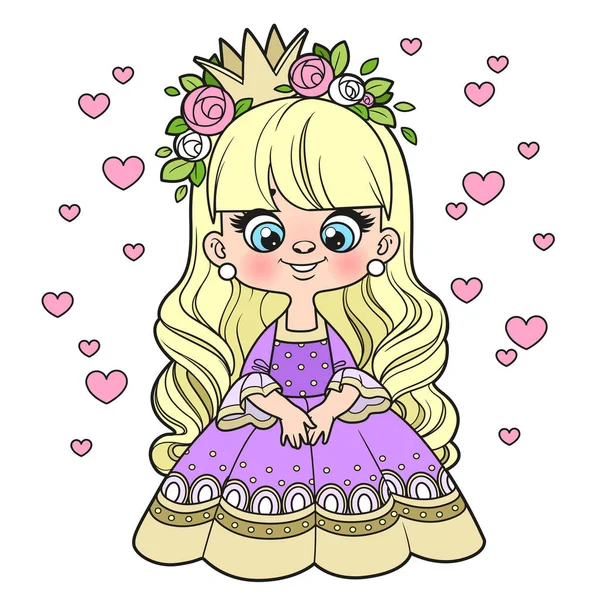 Χαριτωμένο Καρτούν Μακρυμάλλης Πριγκίπισσα Ένα Φόρεμα Φούστα Bouffant Και Τριαντάφυλλα — Διανυσματικό Αρχείο