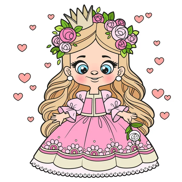 Leuke Cartoon Langharige Prinses Meisje Met Roos Hand Kleur Variatie — Stockvector