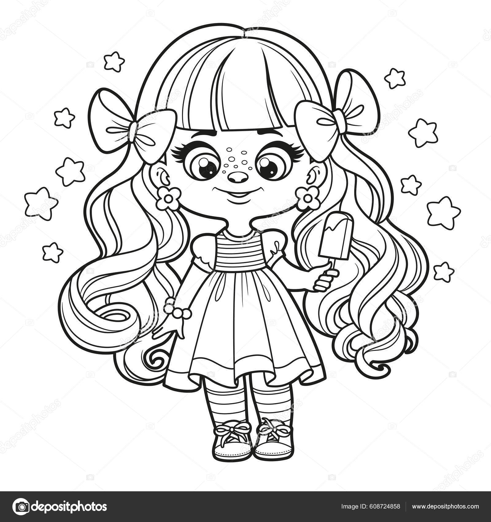 Menina Bonito Desenho Animado Com Boneca Brinquedos Delineados Para Colorir  vetor(es) de stock de ©yadviga 649446728