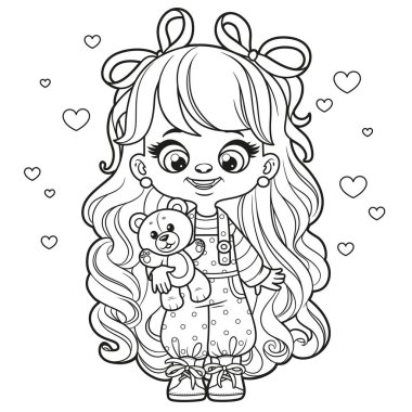 Beyaz bir arka planda izole edilmiş boyama sayfası için çizilmiş yumuşak oyuncak ayısıyla uzun saçlı tatlı bir çizgi film kızı.