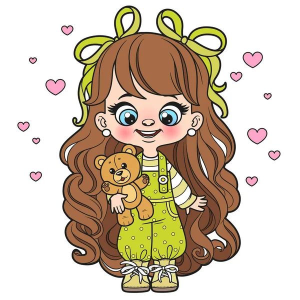 Linda Chica Dibujos Animados Pelo Largo Con Juguete Suave Osito — Vector de stock