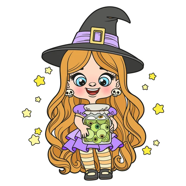 Menina Dos Desenhos Animados Bonito Vestido Bruxa Halloween Segurar Grande — Vetor de Stock